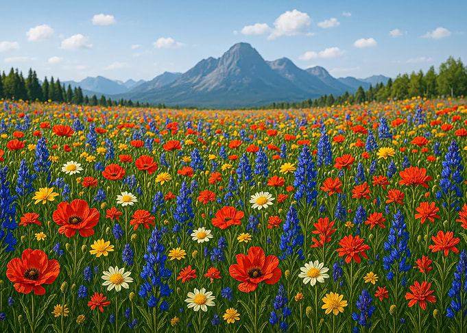 Colorful Flower Field with Mountain Backdrop