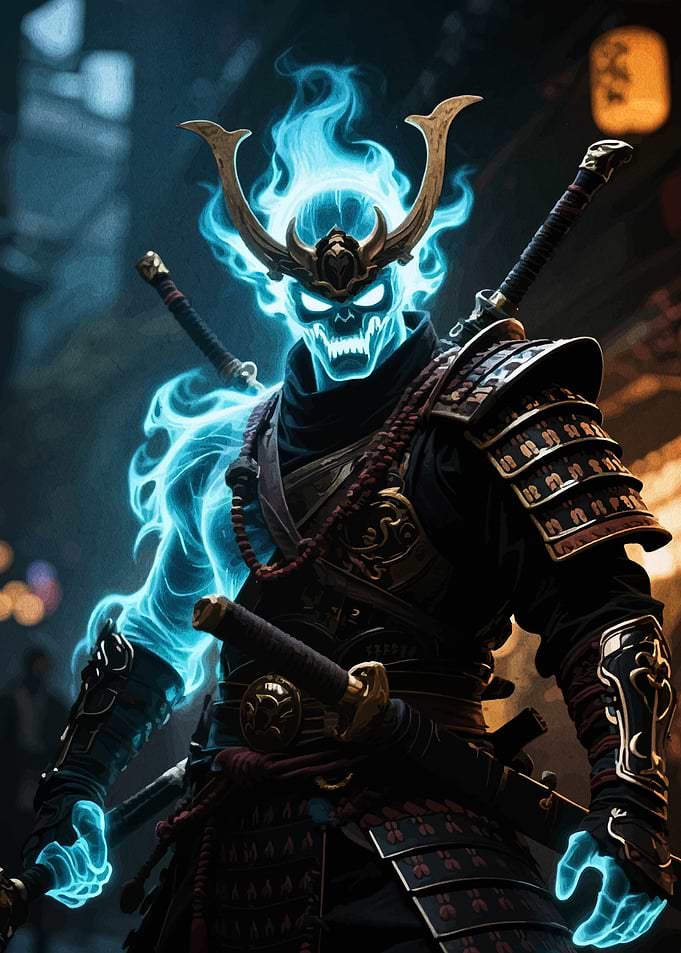Ghostly Samurai Warrior with Blue Flames