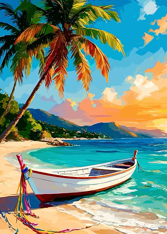 Tropical Beach with Boat and Palm