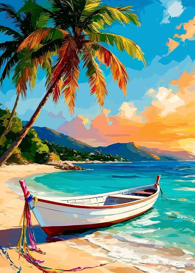 Tropical Beach with Boat and Palm
