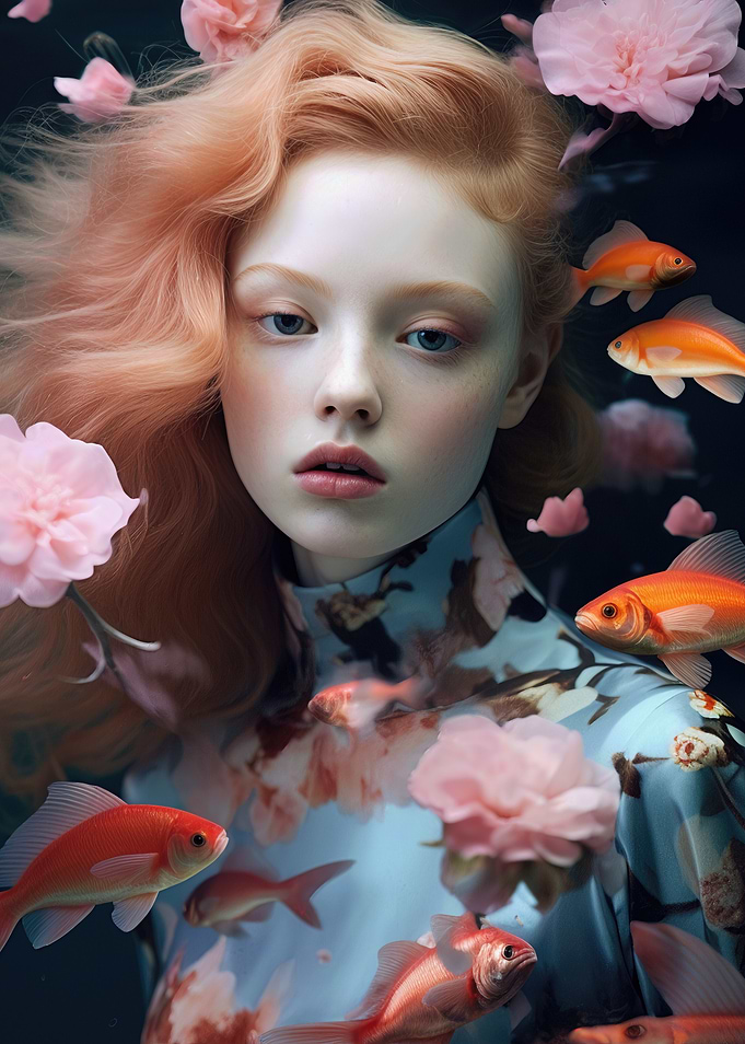 Girl with Goldfish and Pink Flowers