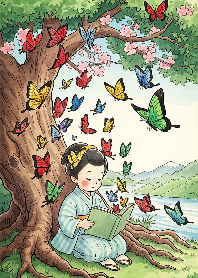 Girl reading book butterfly tree