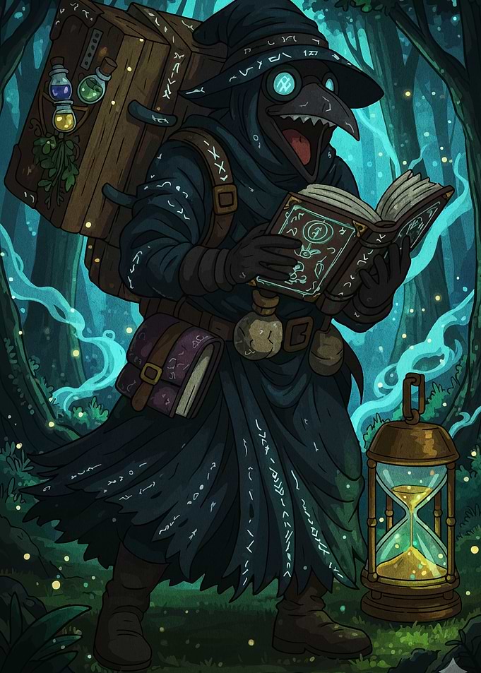 Plague Doctor Reading in Forest
