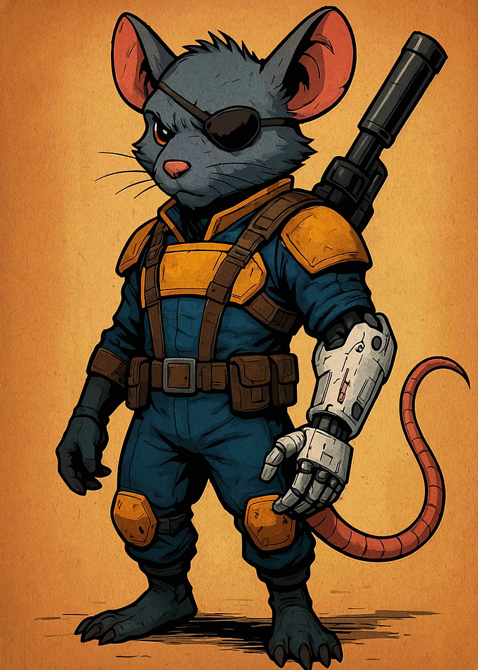 Anthropomorphic Mouse Warrior with Cybernetic Arm
