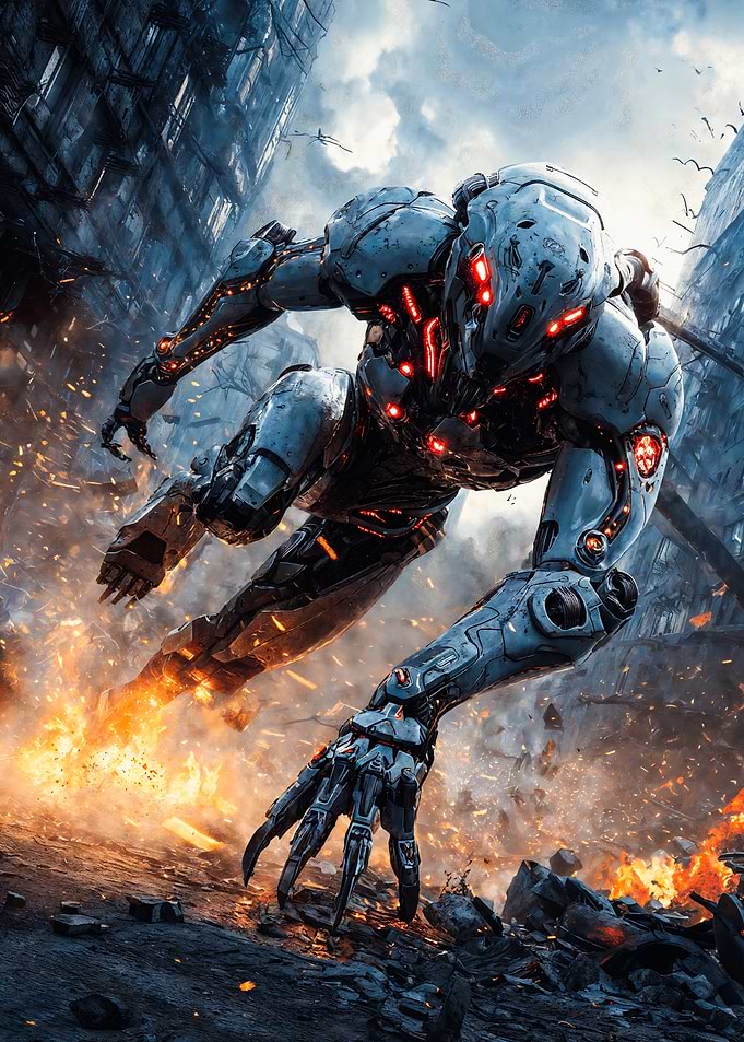 Futuristic Robot in Destroyed Cityscape