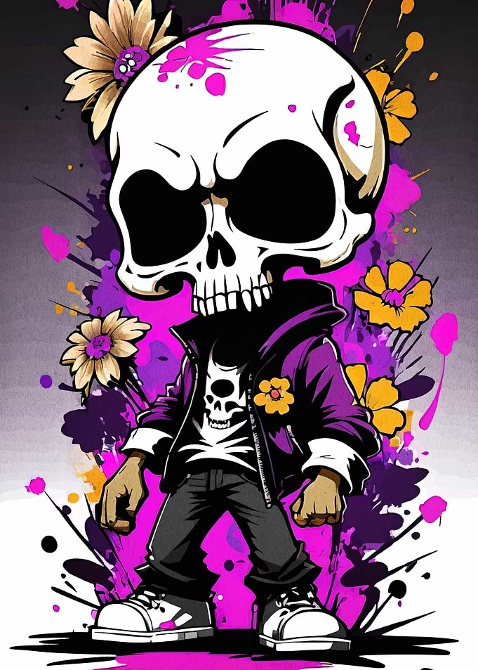 Skull Character with Flowers and Graffiti