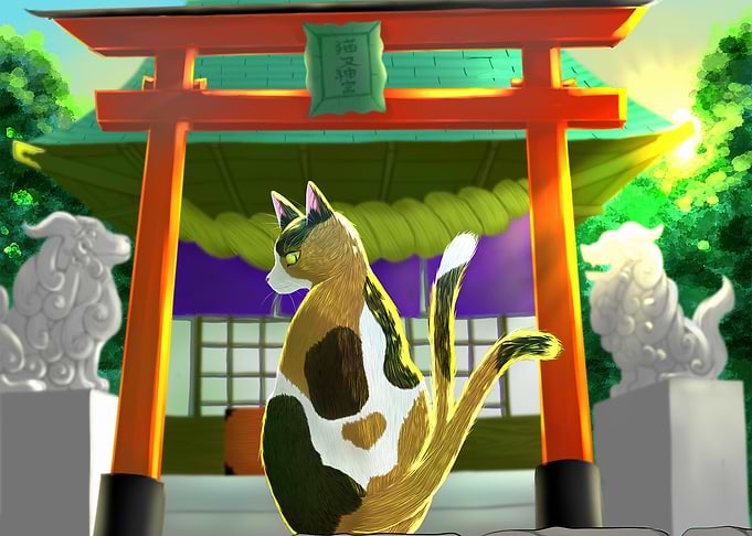 Calico Cat at Japanese Shrine