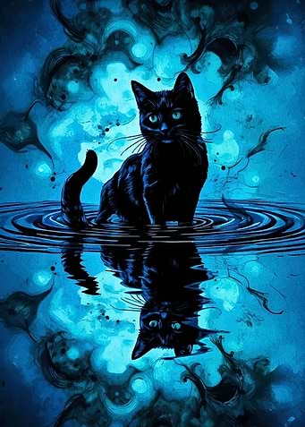 Black Cat in Water Reflection Art
