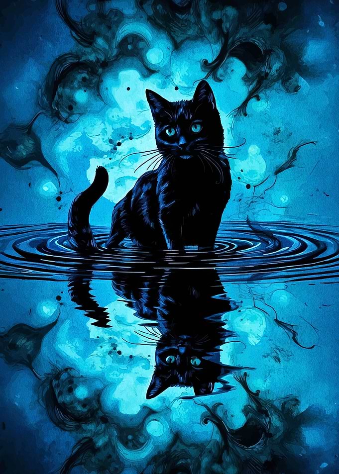 Black Cat in Water Reflection Art