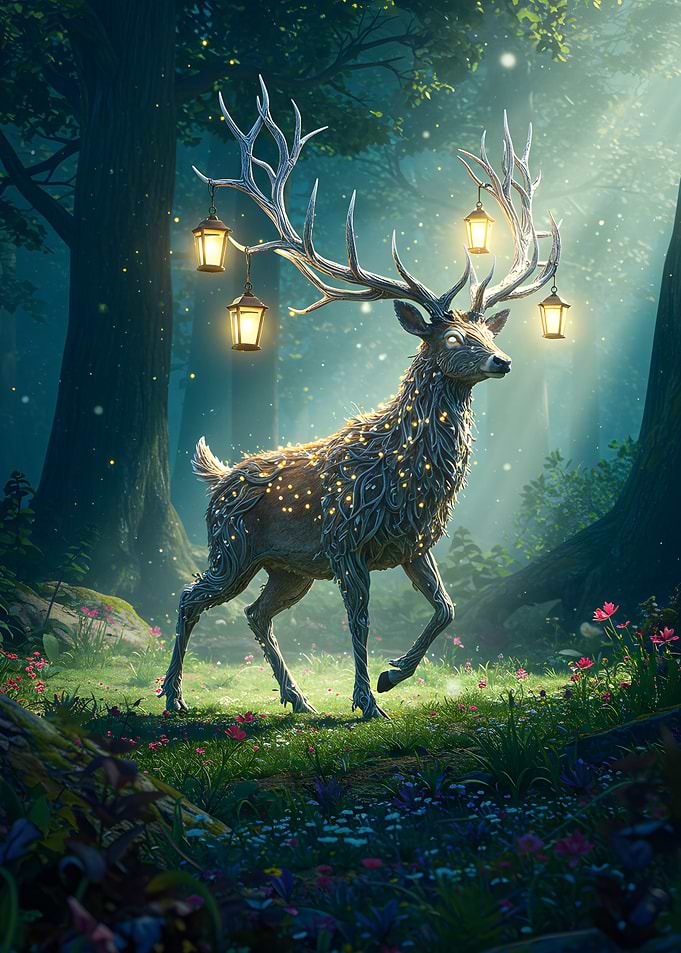 Enchanted Deer in Forest with Lanterns