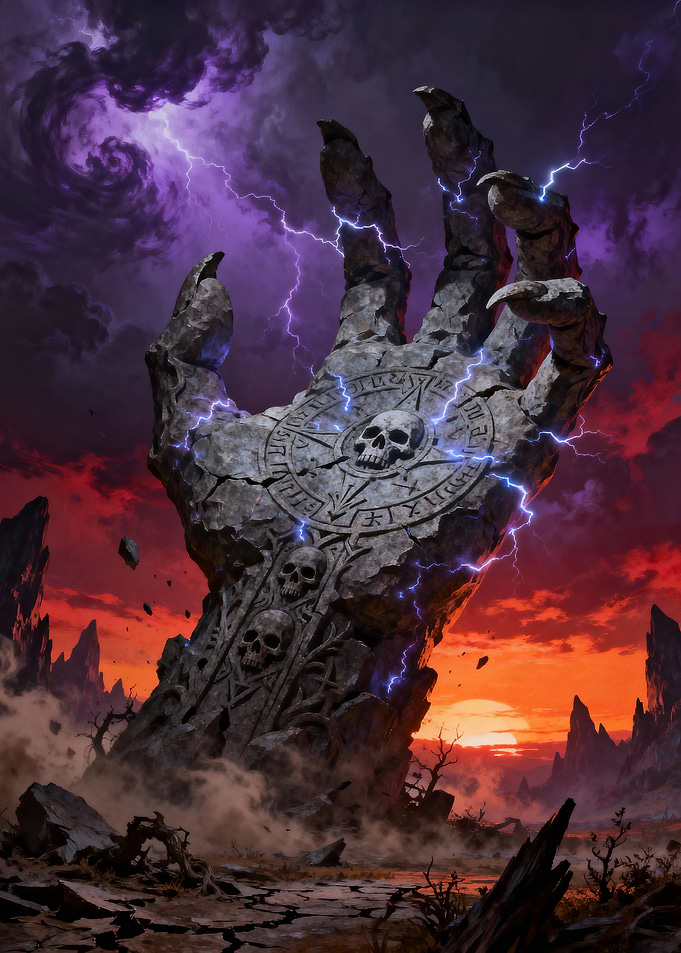 Stone Hand with Skulls and Lightning