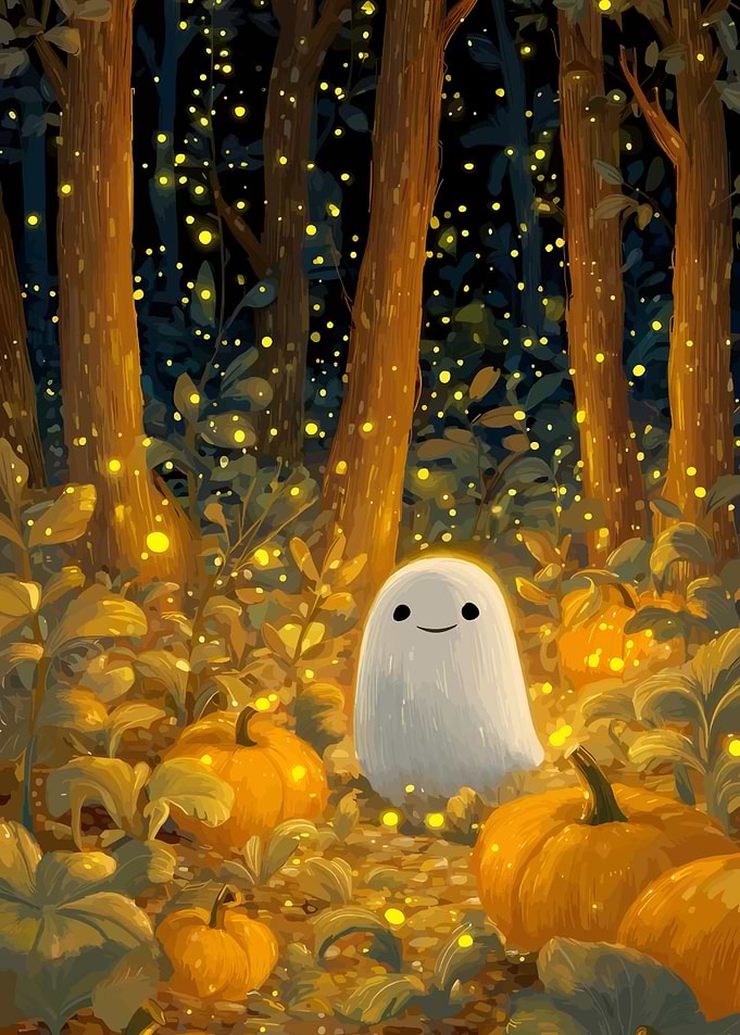 Cute Ghost in Pumpkin Patch