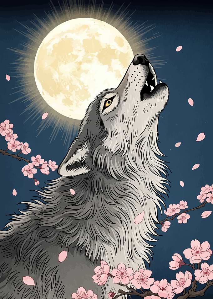 Wolf Howling Moon Cherry Blossoms