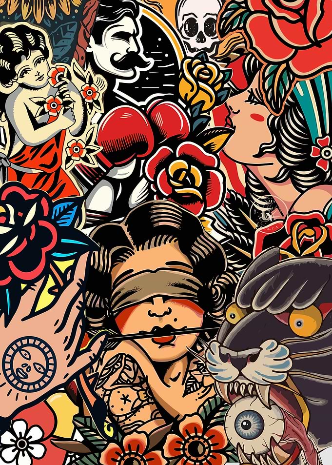 Traditional Tattoo Flash Sheet Style Collage