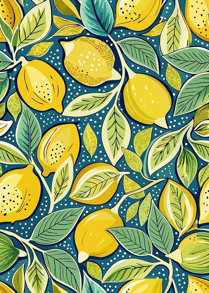 Lemon and Leaf Pattern on Blue