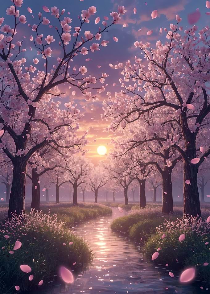 Cherry Blossom River at Sunset