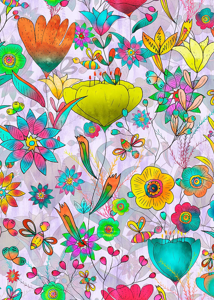 Colorful Floral Pattern with Bees