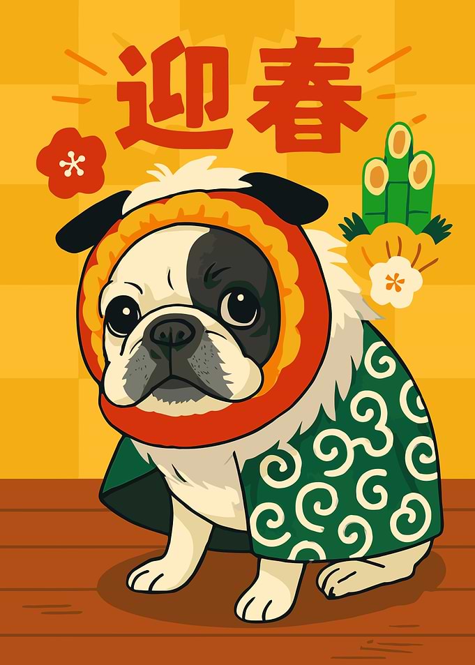 Dog in Japanese New Year Costume