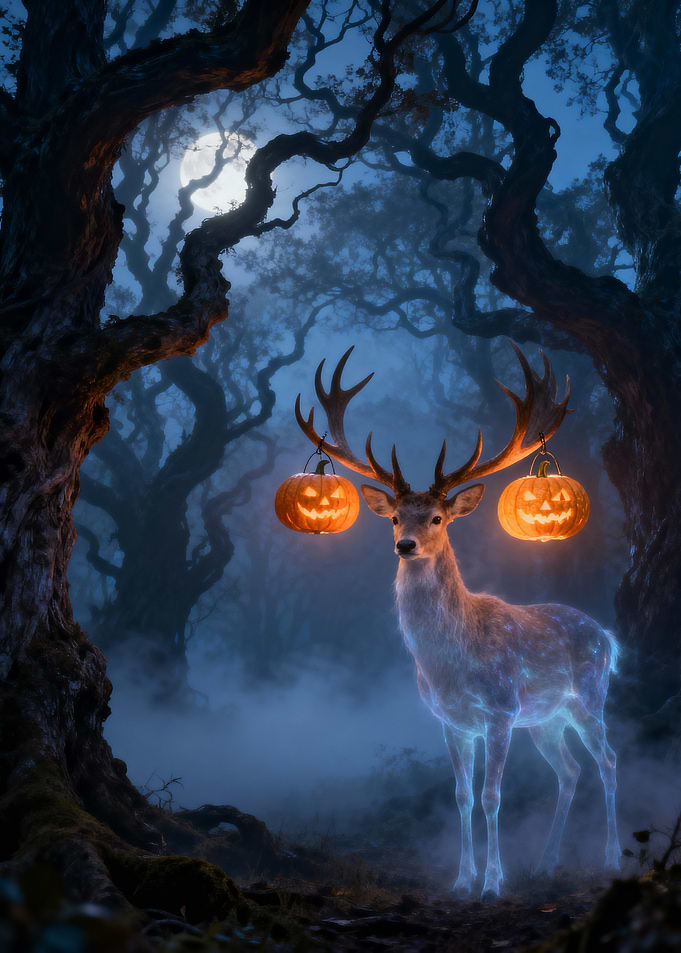 Halloween Deer with Pumpkin Lanterns