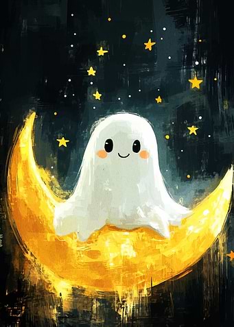 Cute Ghost on Moon with Stars