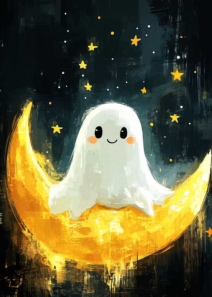 Cute Ghost on Moon with Stars