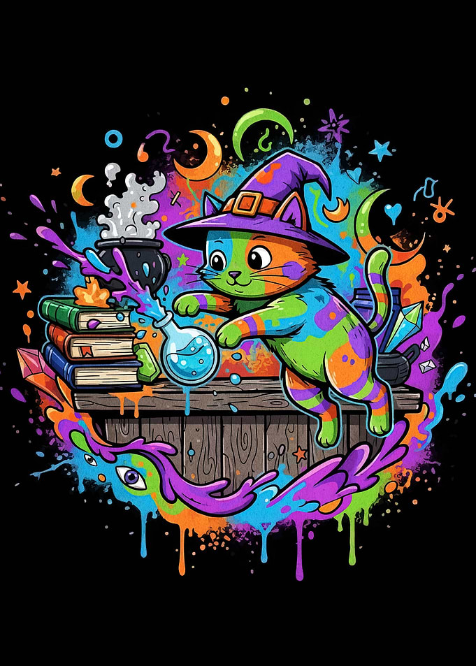 Colorful Witch Cat with Potion