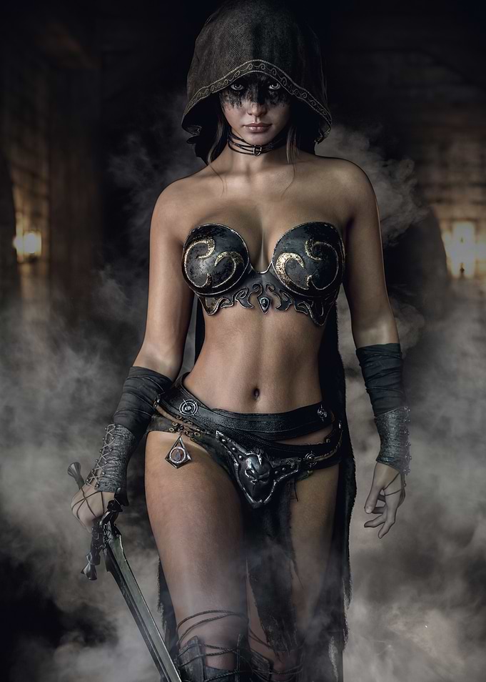 Hooded Warrior Woman with Sword