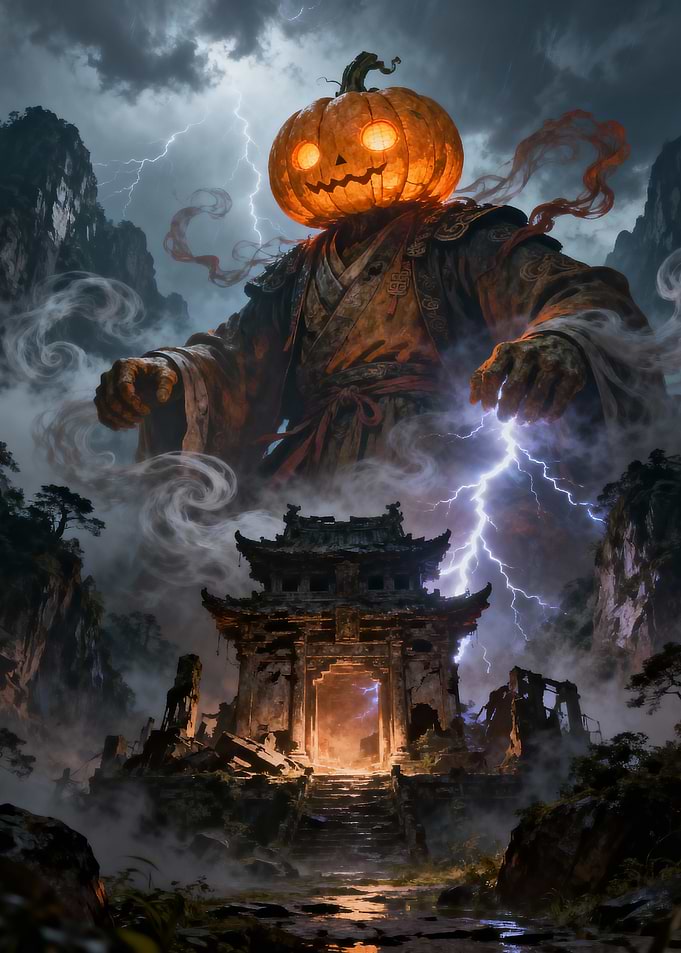 Pumpkin-headed figure in Asian landscape