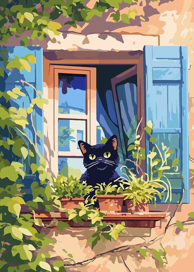 Black cat in window with plants