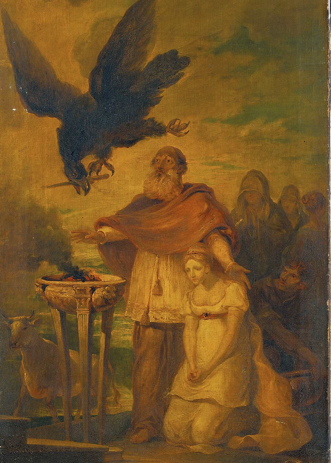 Sacrifice scene with eagle and priest