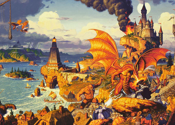 Fantasy Battle Scene with Dragon and Castle