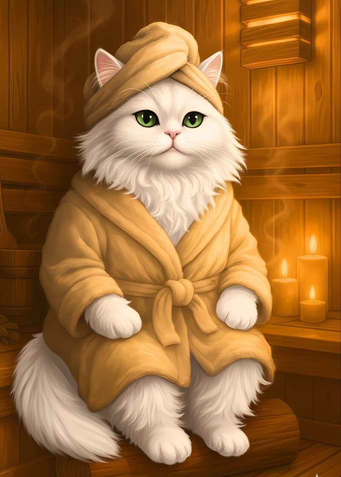 Relaxing fluffy White Cat Cozy Sauna ROBE Spa Home Decor Print ART