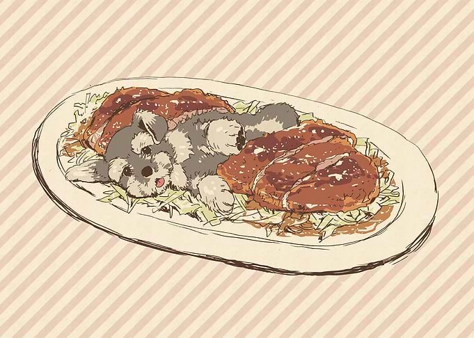 Dog on a plate with food