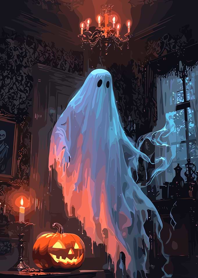 Halloween Ghost and Pumpkin Illustration