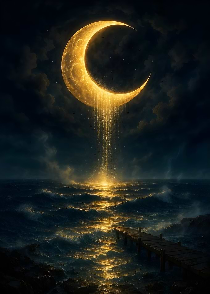 Golden Moon over Ocean with Dock