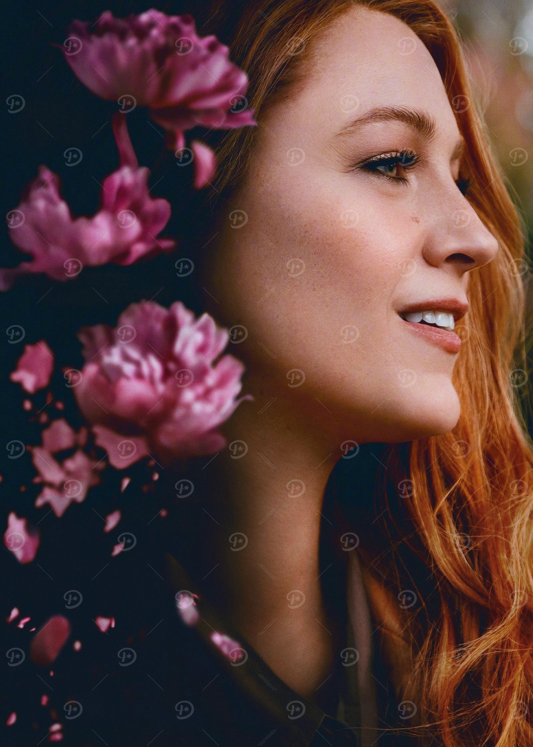 Redhead with Pink Flowers Portrait