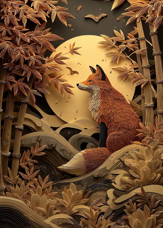 Fox in Bamboo Forest with Moon