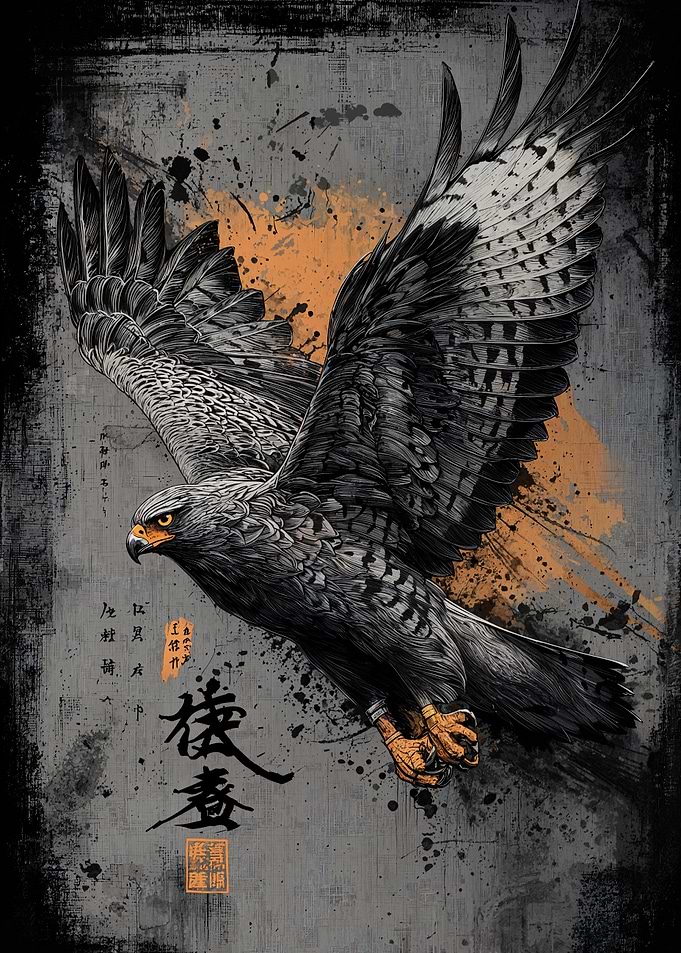 Soaring Eagle with Japanese Calligraphy