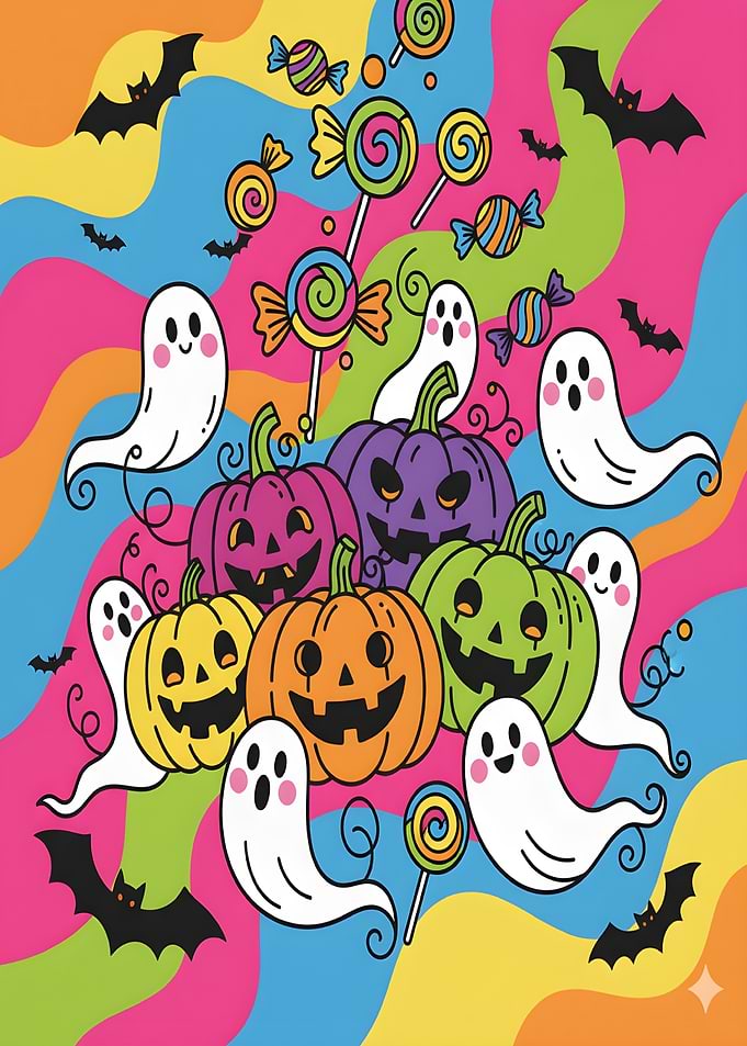 Halloween Fun Pop Art pumpkins, ghosts, candy, bats.