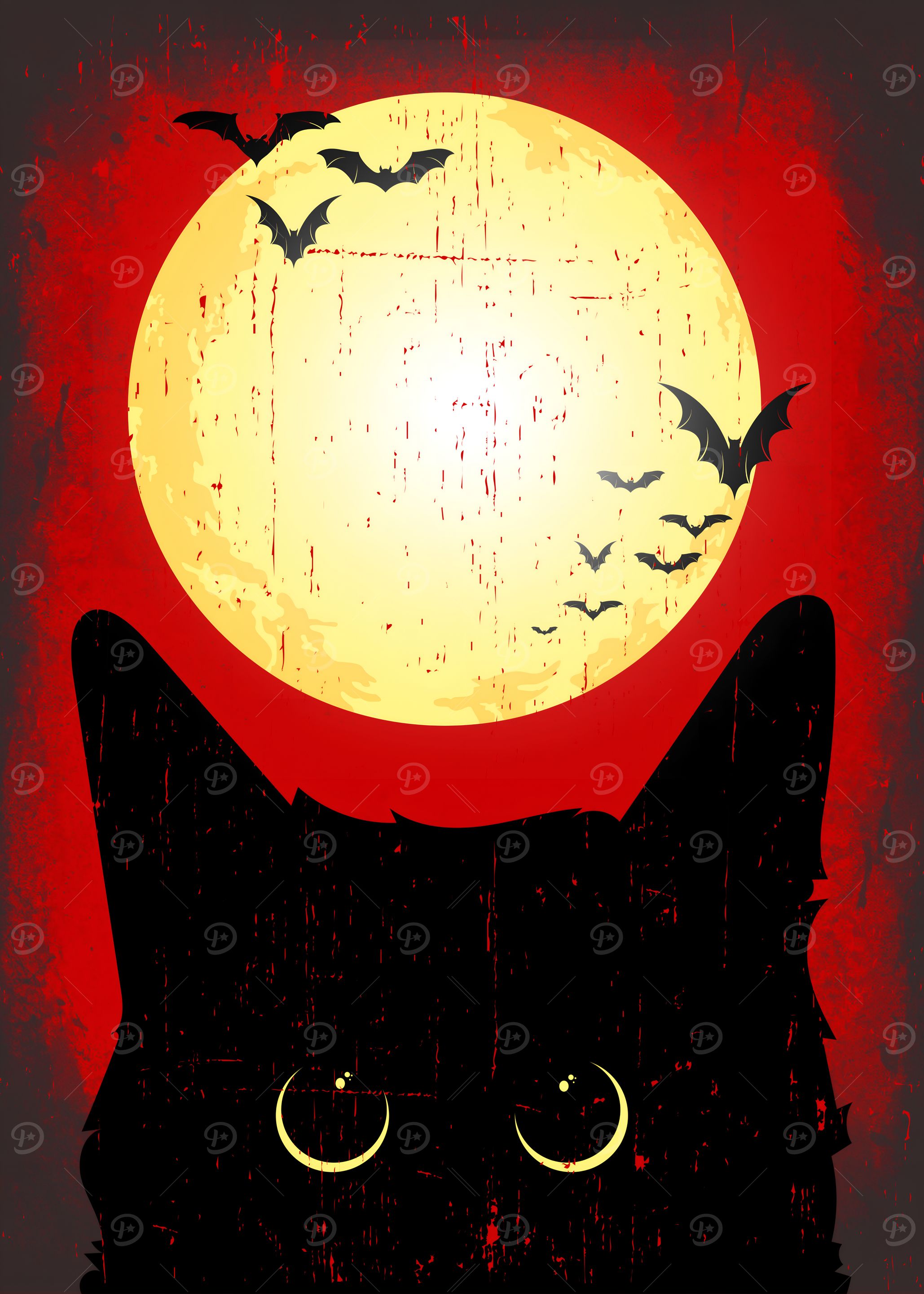 Halloween Cat Under Full Moon Night