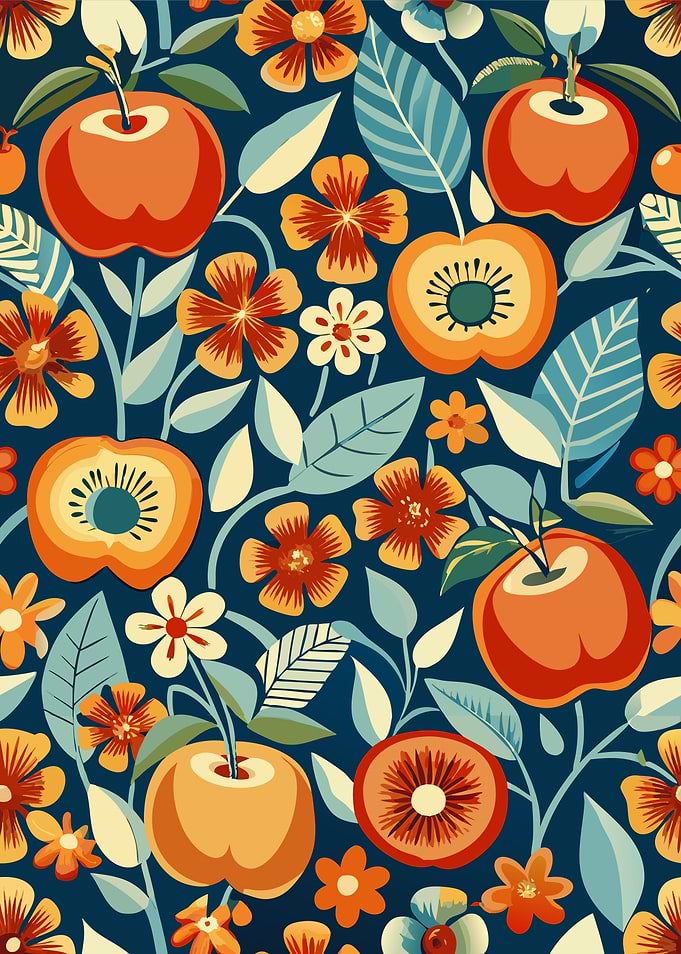 Floral and Fruit Pattern on Dark Blue