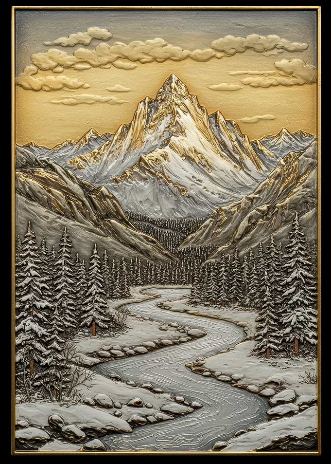 Mountain River Winter Landscape Art