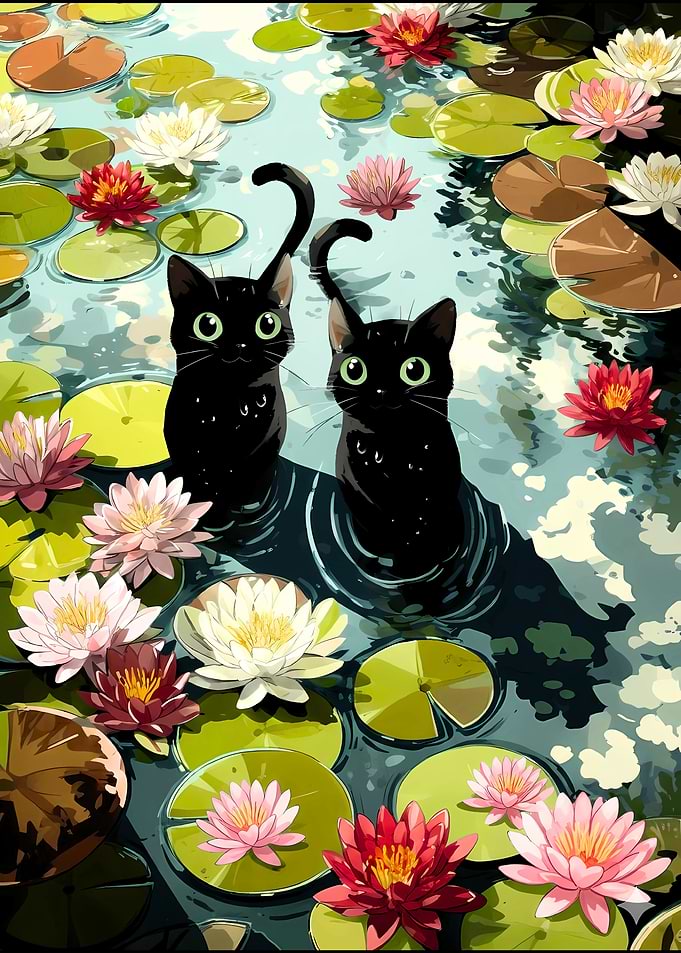 Two Black Cats in Lily Pond Watercolor Kawaii Cute Kitten Art