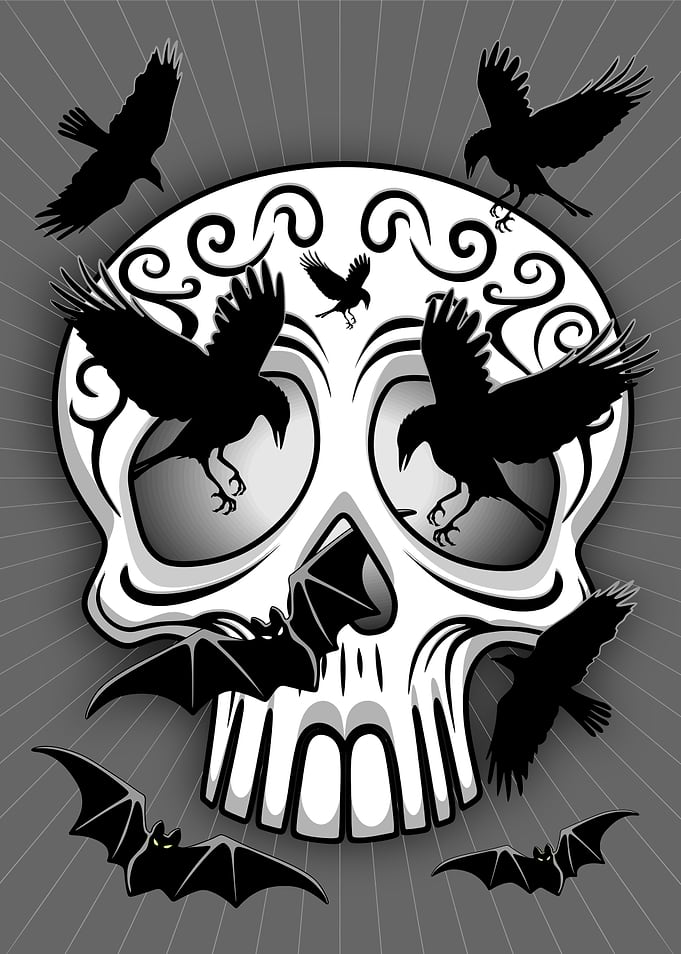 Skull with Crows and Bats