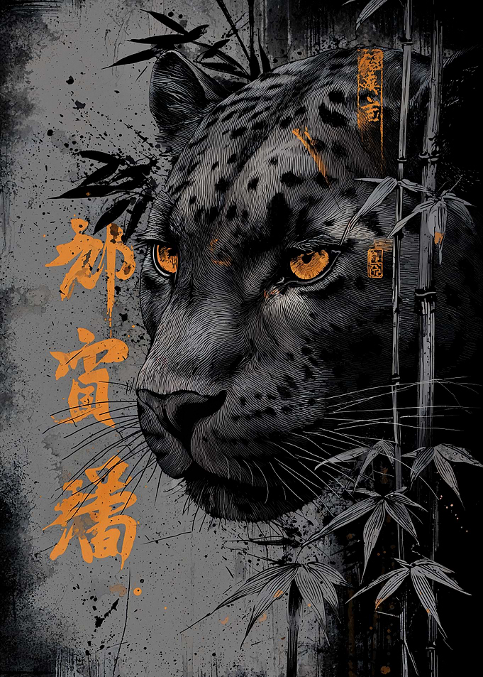 Jaguar with Bamboo and Asian Text