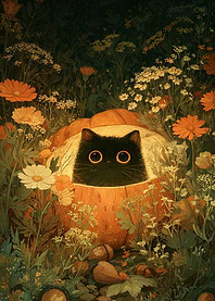 Black Cat in Pumpkin Patch