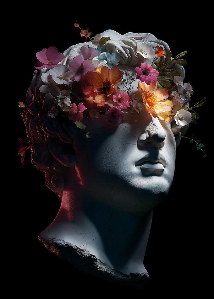 Floral Crowned Bust Sculpture on Black