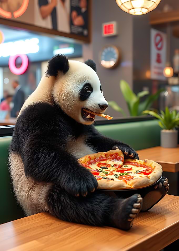 Panda eating pizza in a restaurant