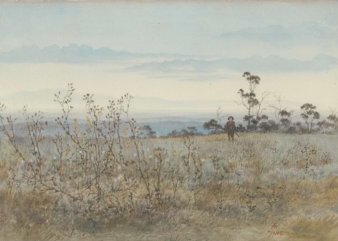 Watercolor Landscape with Figure and Field