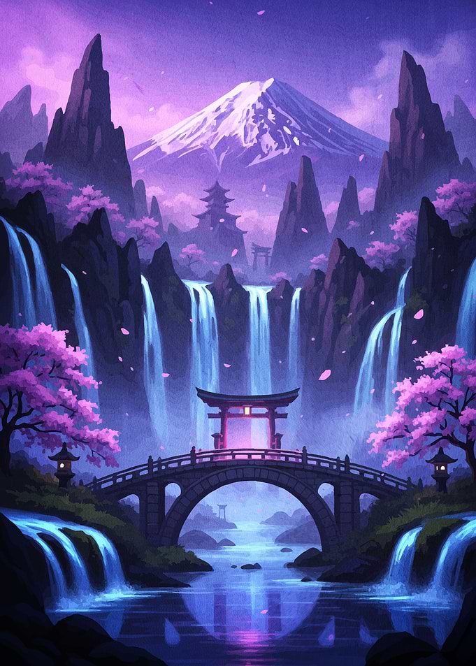 Japanese Landscape Bridge Waterfalls